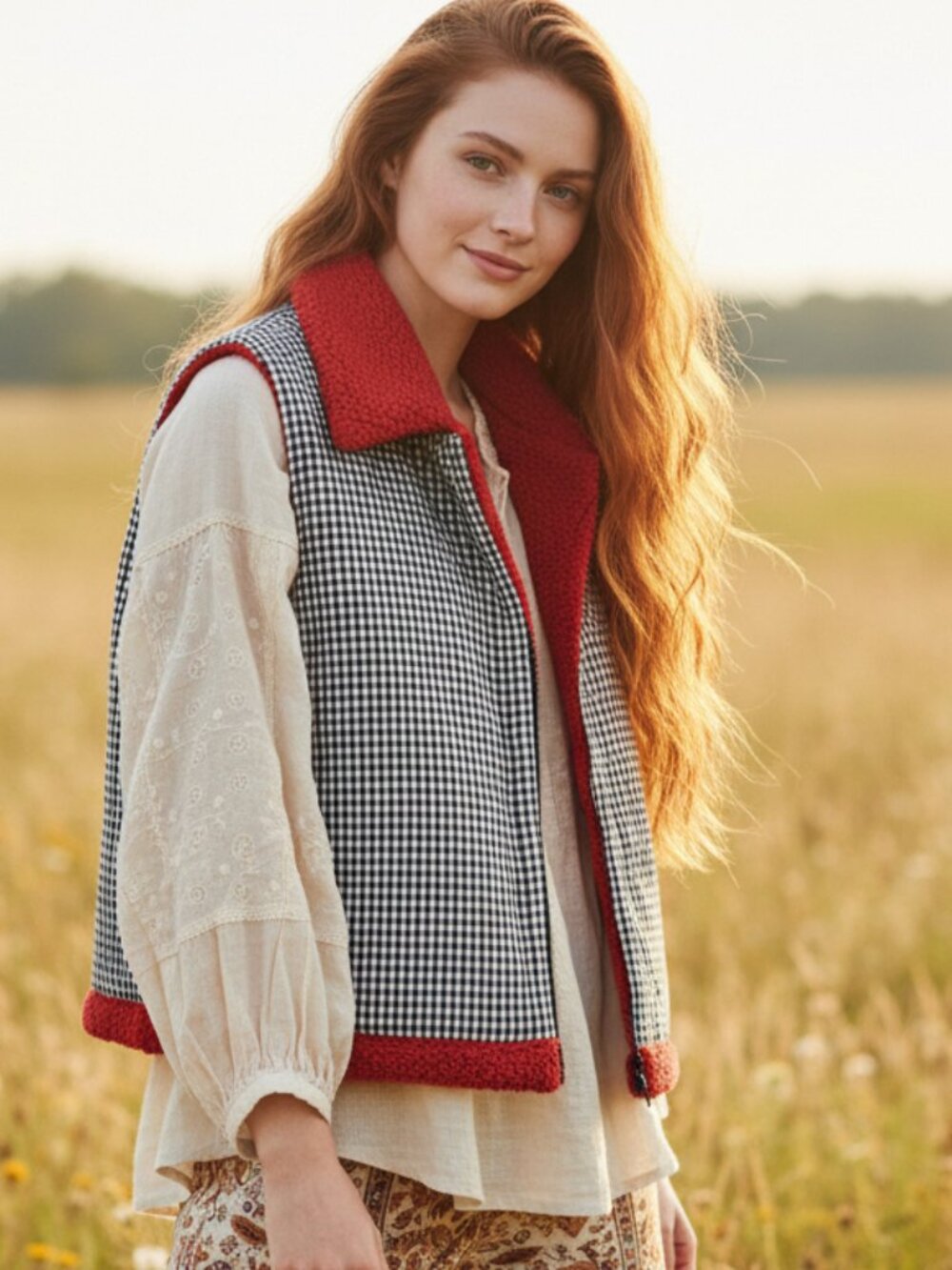 Women's L XL Vest Sherpa Red Top Pockets Reversible Boho Indie Academia Eclectic